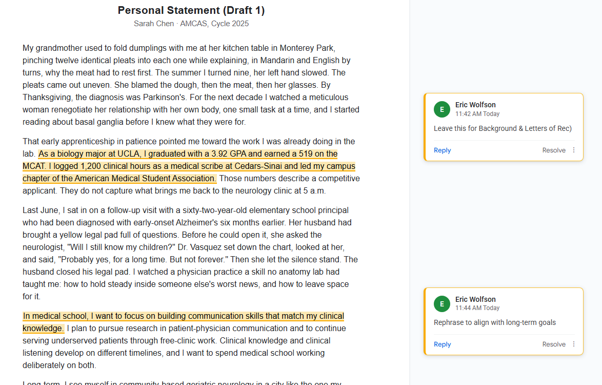 Sample medical school personal statement draft in Google Docs with mentor comments and suggested edits