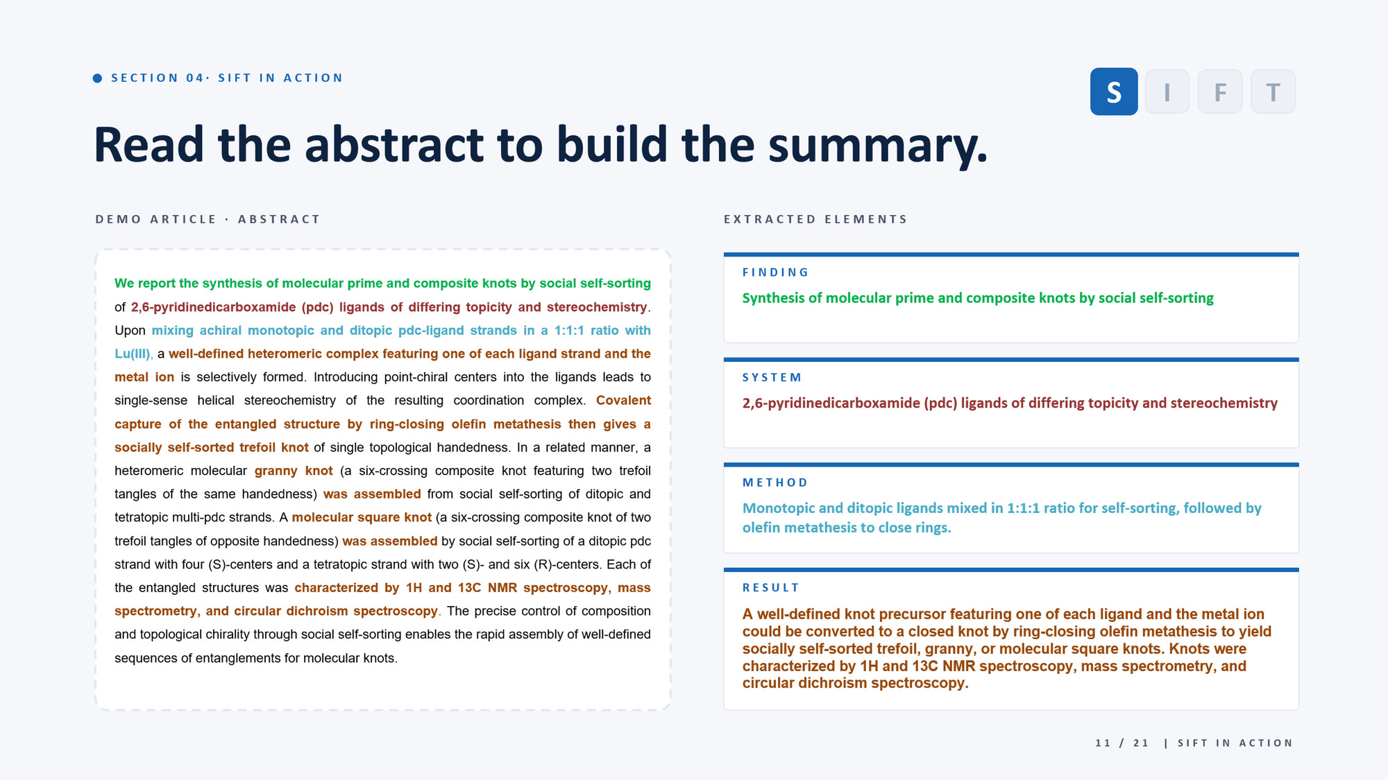 Workshop slide: Read the abstract to build the summary. Color-coded abstract with extracted finding, system, method, and result.