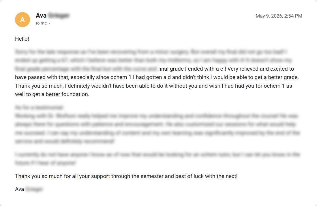 Email from Ava G., May 9 2026, sharing her testimonial after passing Organic Chemistry II.